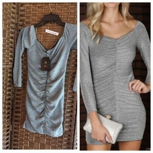 Lurex Metallic Bodycon Off Shoulder Long Sleeve Mini Dress